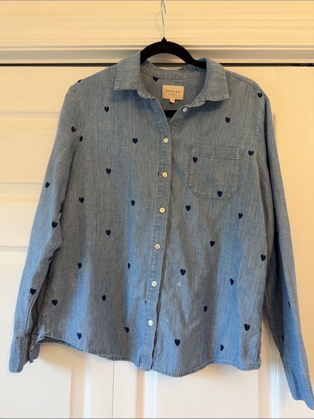 Sézane Tomboy Chambray Navy Heart Embroidered Shirt Size 40 / US
